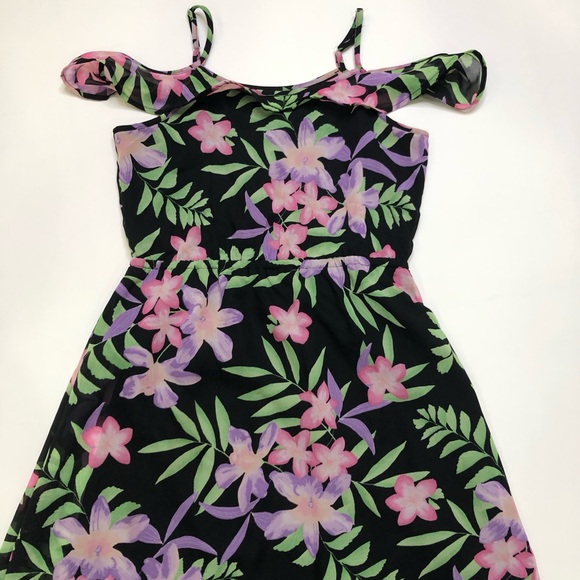 The Children's Place Black Tropical Floral Off The Shoulder High Low Dress XL 14 - Picture 2 of 8